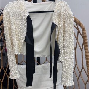 SHEIN Cream Sequin Blazer with Black Accents